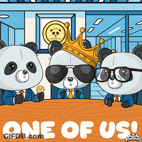 Three Panda Bears Sitting At Table Saying One Of Us GIF