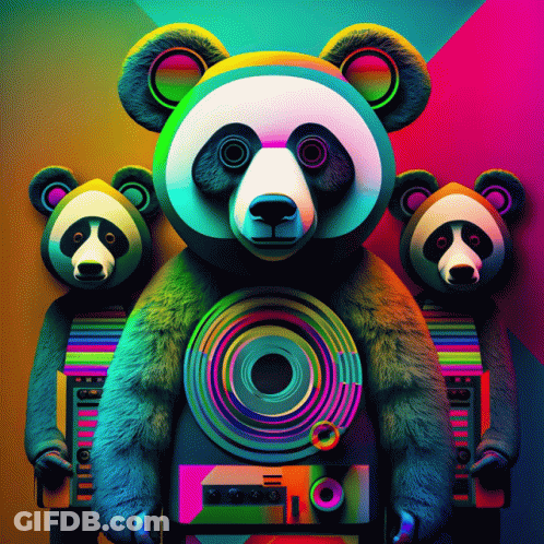 Three Panda Bears Standing Next To Record Player GIF