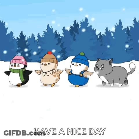Three Penguins And Cat Dancing In Snow GIF