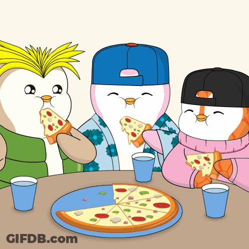 Three Penguins Are Sitting At A Table Eating Pizza And Drinking Water GIF