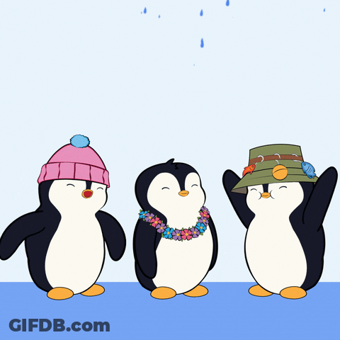 Three Penguins Are Standing In The Rain One Wearing A Pink Hat And One Wearing A Green Hat GIF