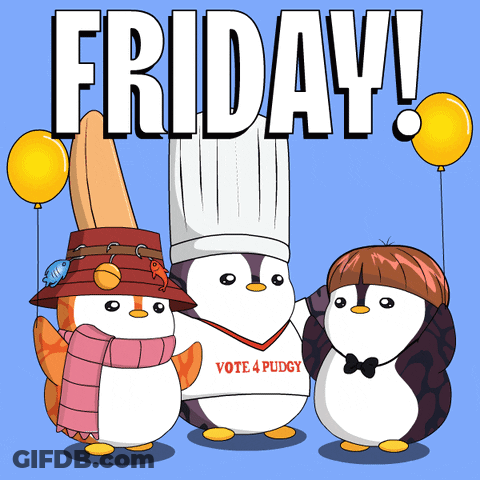 Three Penguins Are Standing Next To Each Other In Front Of A Blue Background That Says Friday GIF