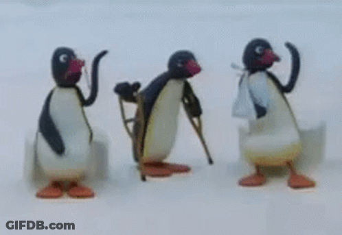Three Penguins Are Standing Next To Each Other On The Snow GIF