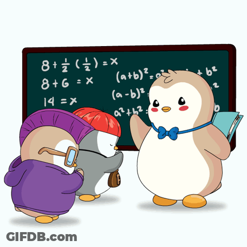 Three Penguins At Blackboard With Math Equations GIF