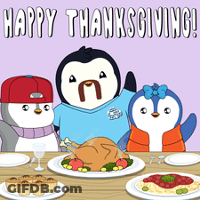 Three Penguins At Table With Happy Thanksgiving GIF
