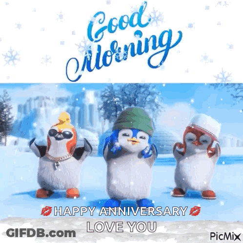 Three Penguins Dancing In Snow Good Morning Happy Anniversary Love You GIF