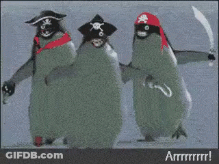 Three Penguins Dressed As Pirates With Swords GIF