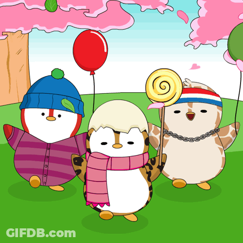 Three Penguins Holding Balloons And Lollipops GIF