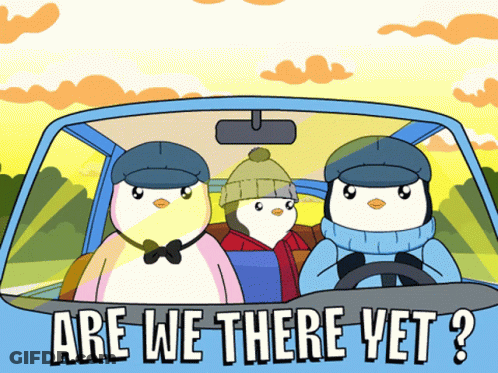 Three Penguins In A Car With The Words " Are We There Yet " On The Bottom GIF
