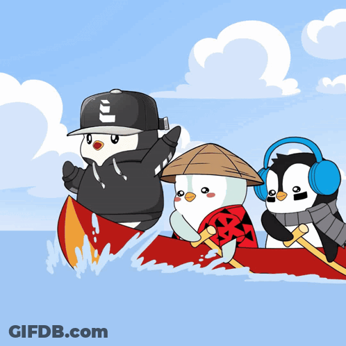 Three Penguins In Canoe One Wearing Headphones GIF