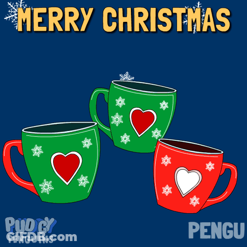 Three Penguins In Cups With The Words Merry Christmas Written Above Them GIF