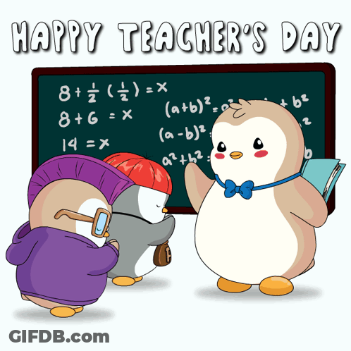 Three Penguins In Front Of Blackboard Happy Teacher's Day GIF