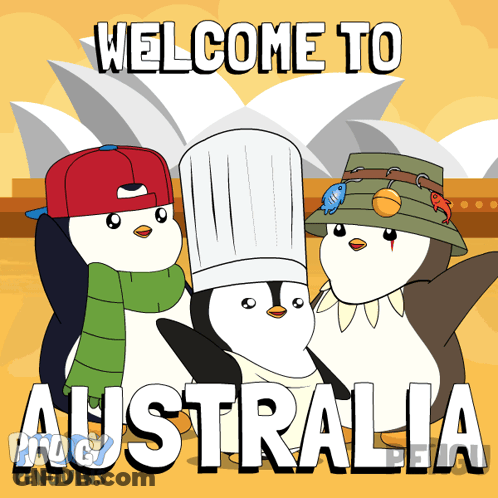 Three Penguins In Hats And Scarves At Opera House Saying Welcome To Australia GIF