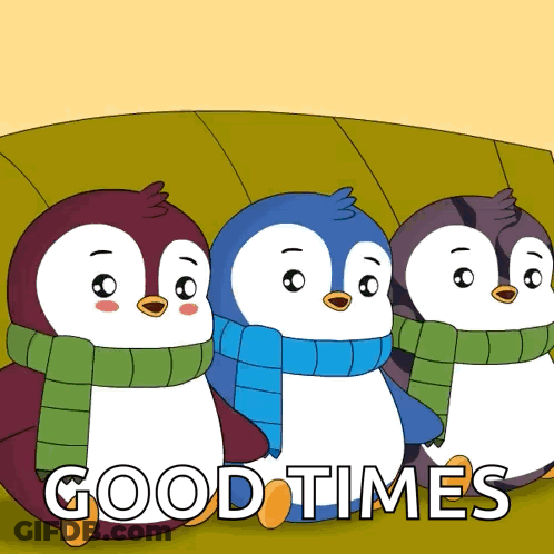 Three Penguins In Scarves Saying Good Times GIF