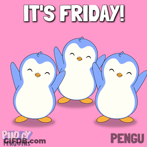 Three Penguins On A Pink Background With The Words It 'S Friday Pengu GIF