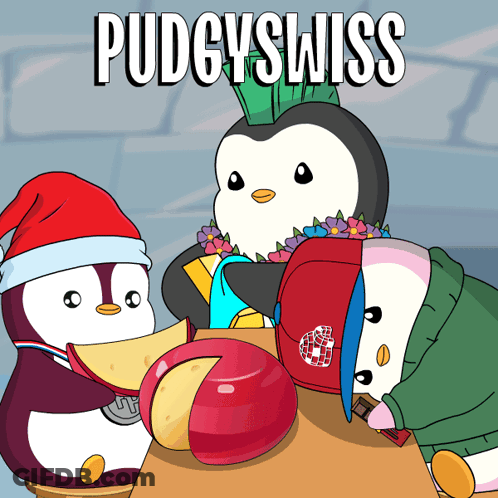 Three Penguins Sitting Around Table Pudgyswiss GIF
