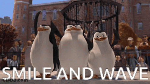 Three Penguins Standing In Front Of Smile And Wave GIF