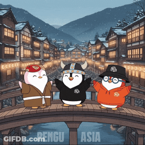 Three Penguins Standing On Bridge Pengu Asia GIF
