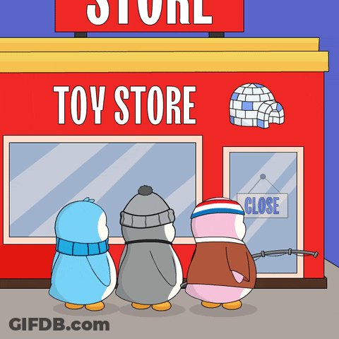 Three Penguins Standing Outside Of A Toy Store GIF