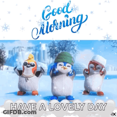 Three Penguins Wearing Hats And Sunglasses Are Dancing In The Snow . GIF
