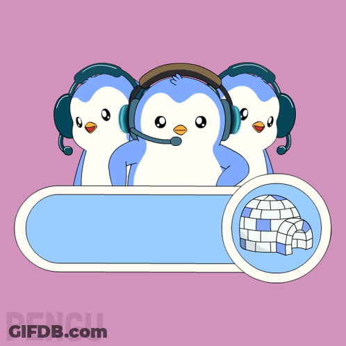 Three Penguins Wearing Headphones And A Contact Us Button GIF