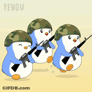 Three Penguins Wearing Helmets And Holding Guns With The Word Pengu In The Background GIF