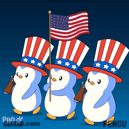 Three Penguins Wearing Patriotic Hats Carrying An American Flag And Guns GIF