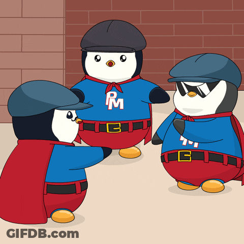 Three Penguins Wearing Rm Shirts Are Standing In A Circle GIF