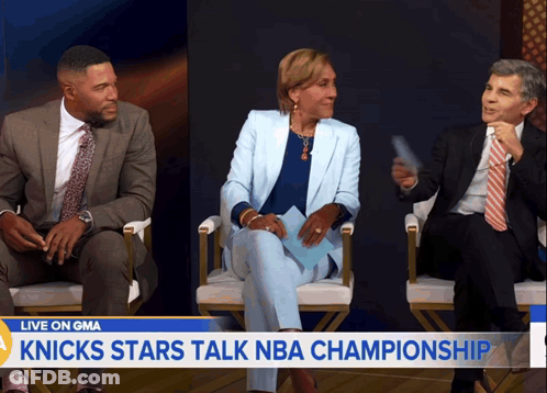 Three People Are Sitting In Chairs On A Live On Gma Show About The Knicks Stars Talking About The Nba Championship GIF