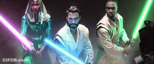 Three People Holding Lightsabers GIF