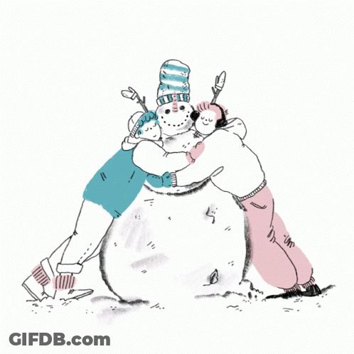 Three People Hugging Snowman Wearing Hats GIF