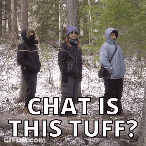Three People In Snowy Forest Saying Chat Is This Tuff GIF