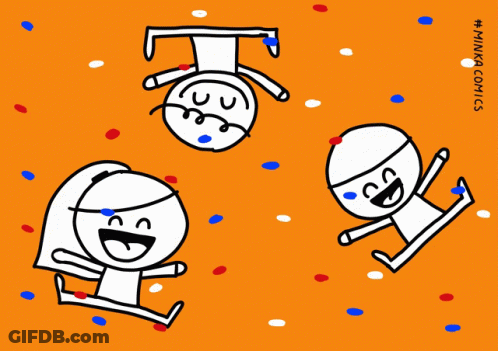 Three People Jumping With Confetti Comics GIF