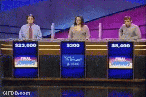 Three People Playing Jeopardy With $300 Prize GIF