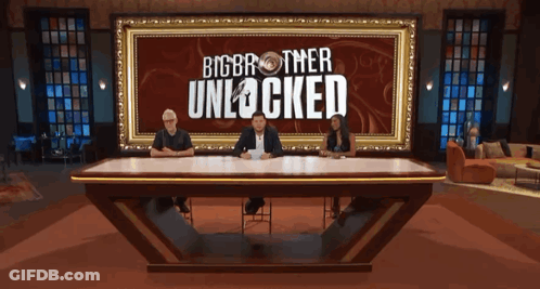 Three People Sitting At Big Brother Banner GIF