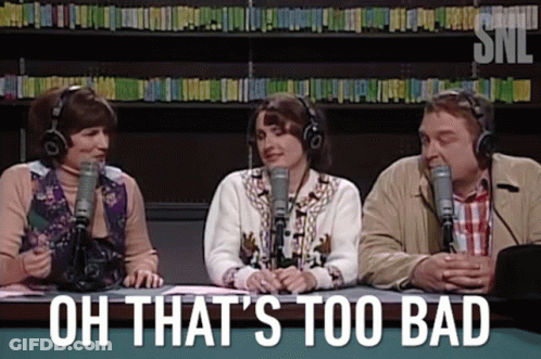 People Sitting At Microphones With Too Bad Text GIF