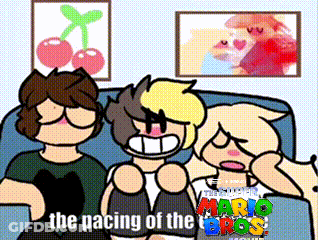Three People Sitting On Couch With Mario Bros Pacing GIF