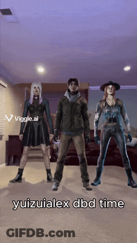 Three People Standing In A Living Room With The Words Yuizuialex Dbd Time On The Bottom Right GIF