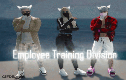 Three People Standing Next To Each Other With The Words Employee Training Division GIF