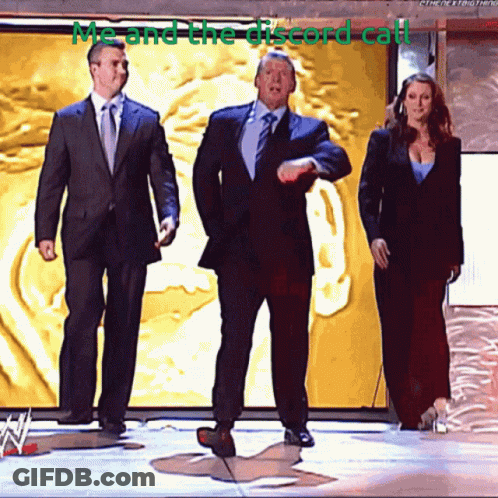Three People Standing On A Stage With The Words Me And The Discord Call GIF