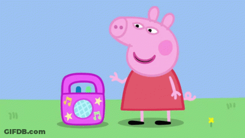 Three Peppa Pigs Are Standing Next To Each Other And One Has A Pirate Hat On GIF