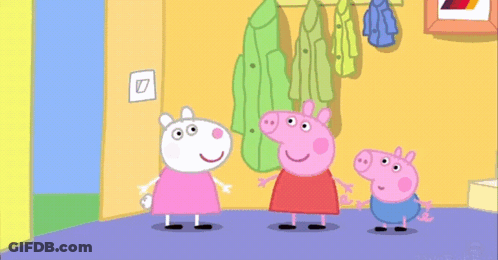 Three Peppa Pigs Standing In Hallway GIF