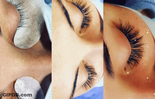 Three Pictures Of Woman's Eyelashes Before And After Extensions GIF