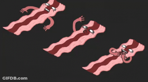 Three Pieces Of Bacon With Arms And Faces On Them GIF