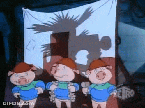 Three Pigs Are Standing In Front Of A Sign With A Shadow Of A Person On It . GIF