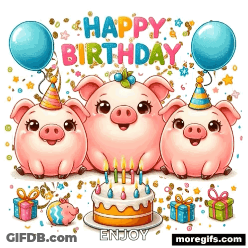 Three Pigs Wearing Party Hats And Balloons Are Celebrating A Birthday GIF