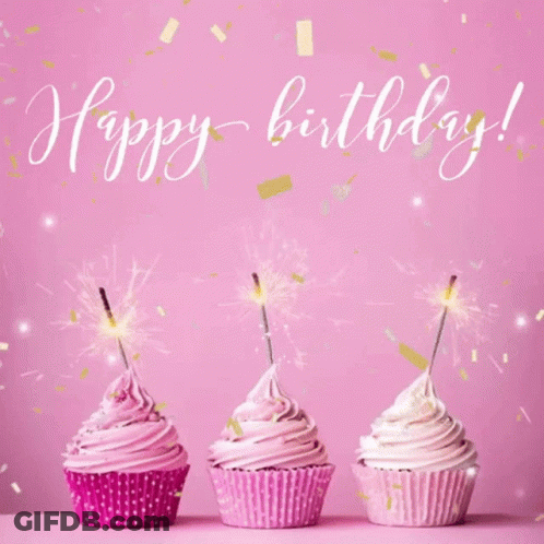 Three Pink Cupcakes With Sparklers Happy Birthday GIF