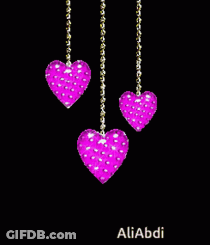 Three Pink Hearts On Gold Chains With Name Aliabdi GIF
