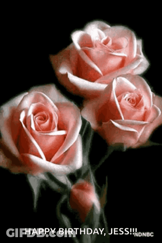 Three Pink Roses On A Black Background With The Words Happy Birthday Jess Written Below Them GIF