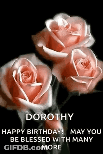 Three Pink Roses With The Words `` Happy Birthday ! May You Be Blessed With Many More '' On A Black Background . GIF